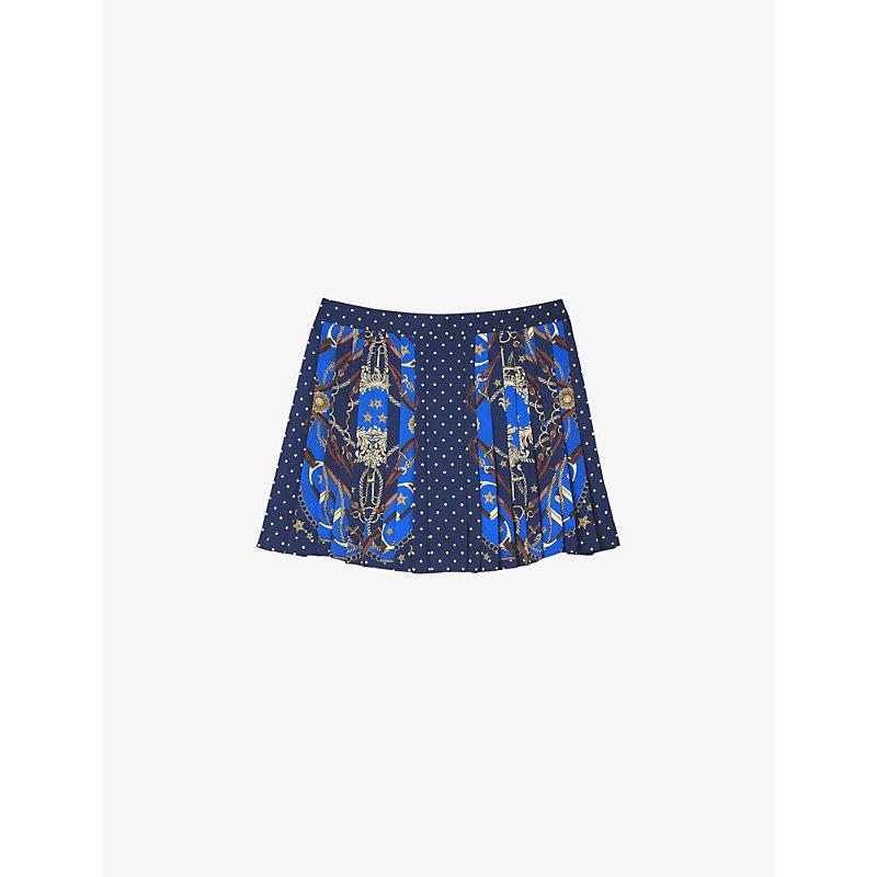 Abstract-pattern pleated satin shorts