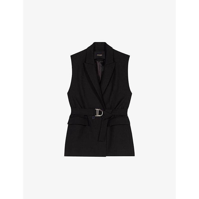 Belted-waist double-breasted sleeveless stretch-woven blazer