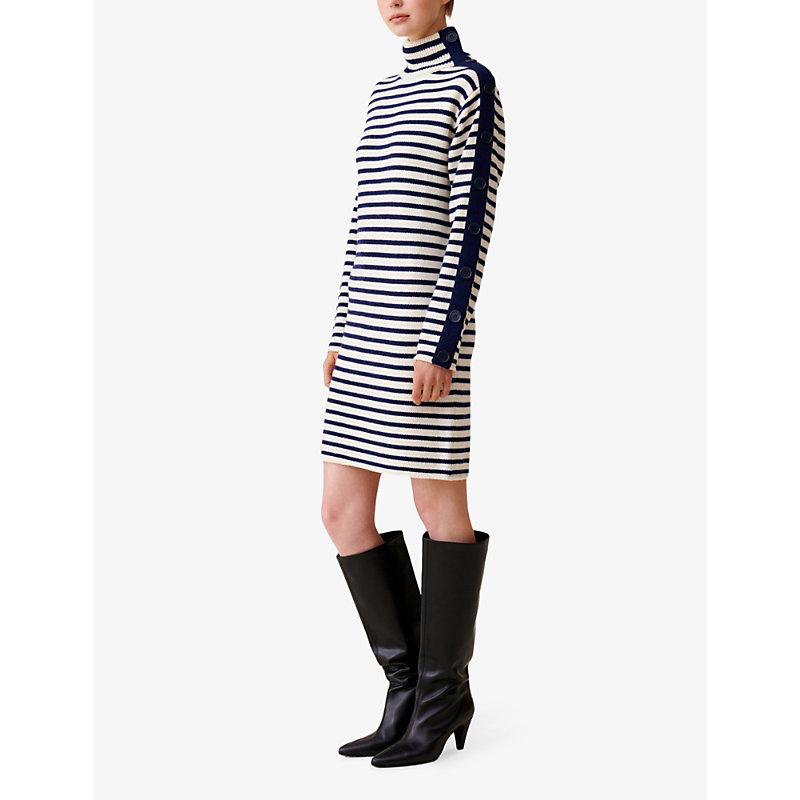 High-neck slim-fit striped wool-blend mini dress