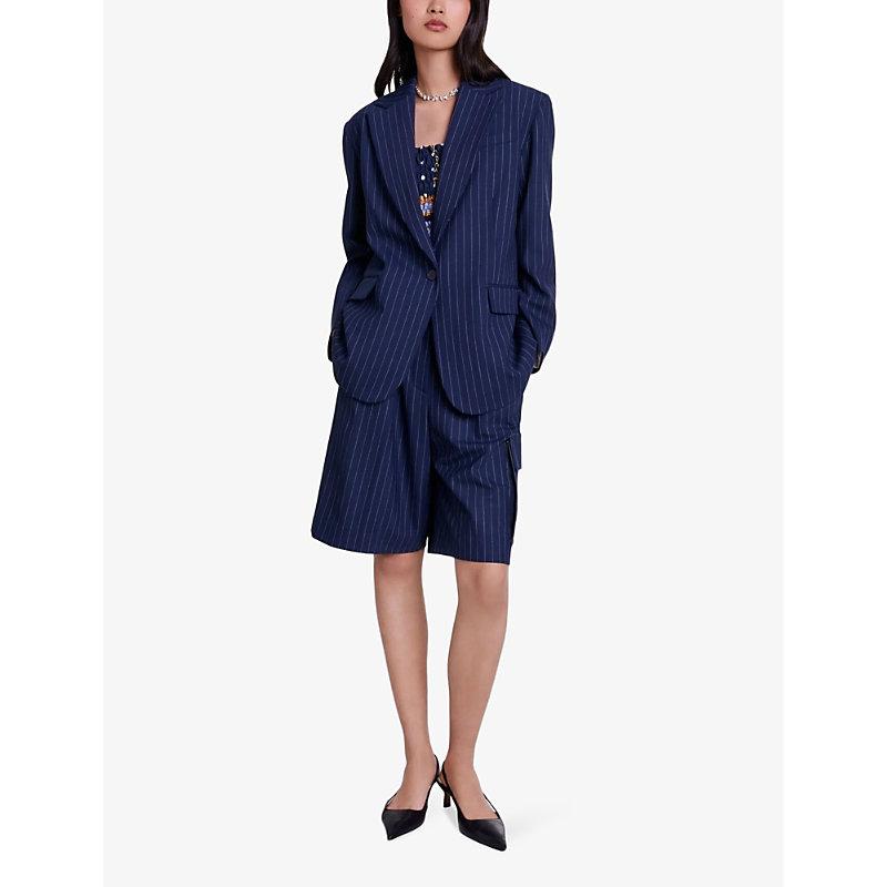 Padded-shoulder relaxed-fit striped stretch-wool blazer