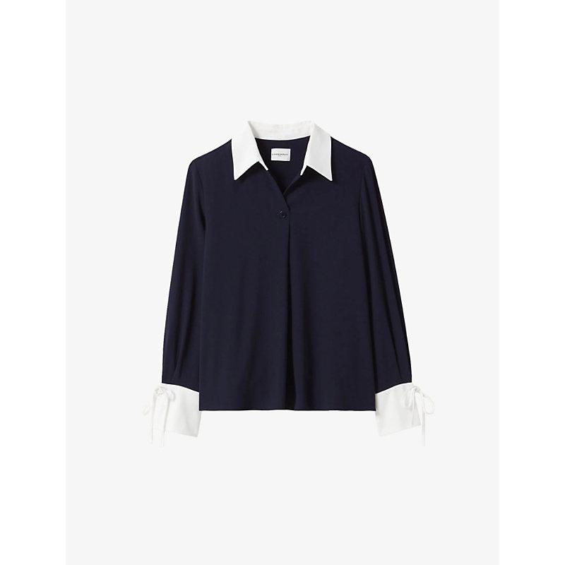 Contrast-collar long-sleeve woven blouse