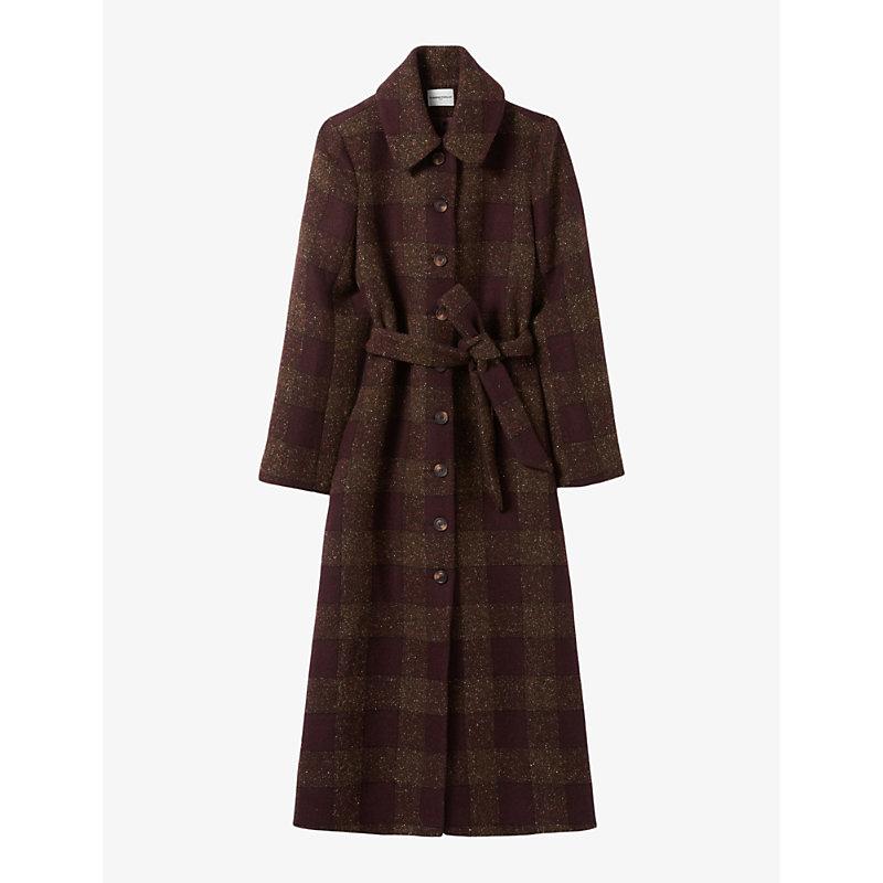 Checked tie-waist wool-blend coat