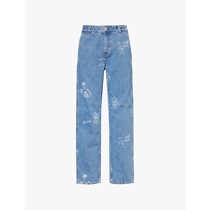 Stamp graphic-print straight-leg organic-denim jeans