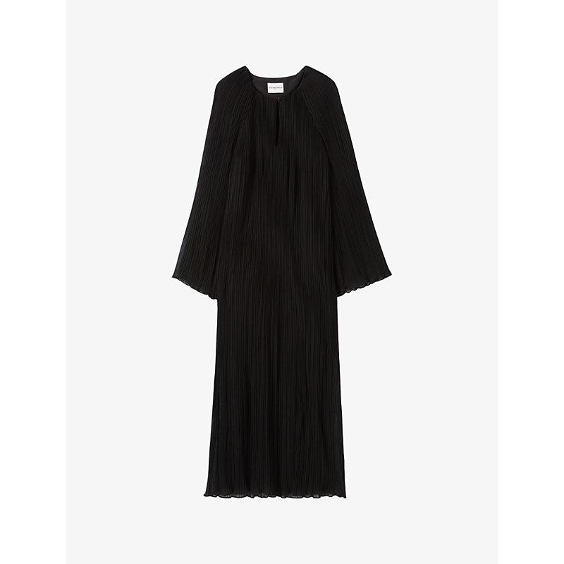 Button-neck long-sleeve pleated woven midi dress