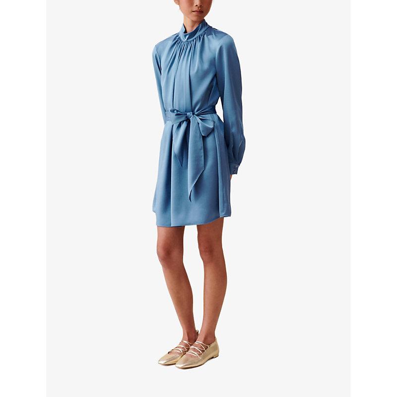 Tie-waist long-sleeve satin mini dress