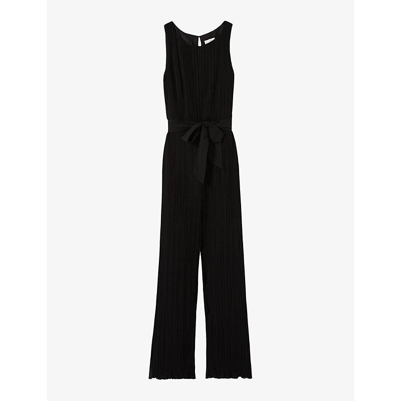 Boat-neck belted-waist pleated woven jumpsuit