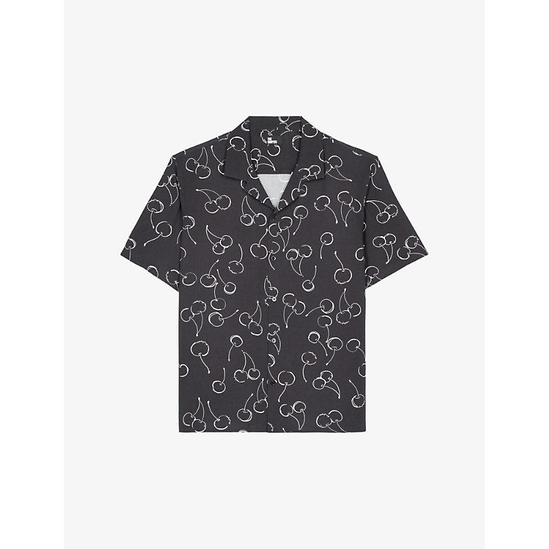 Cherry-print straight-cut woven shirt