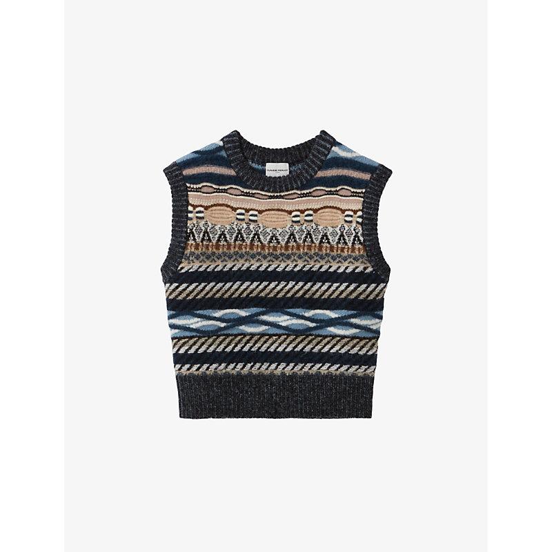 Patterned sleeveless wool-blend jumper