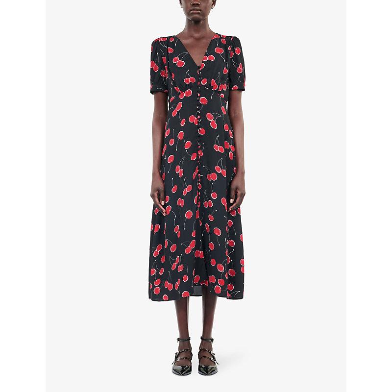 Cherry-print buttoned woven midi dress