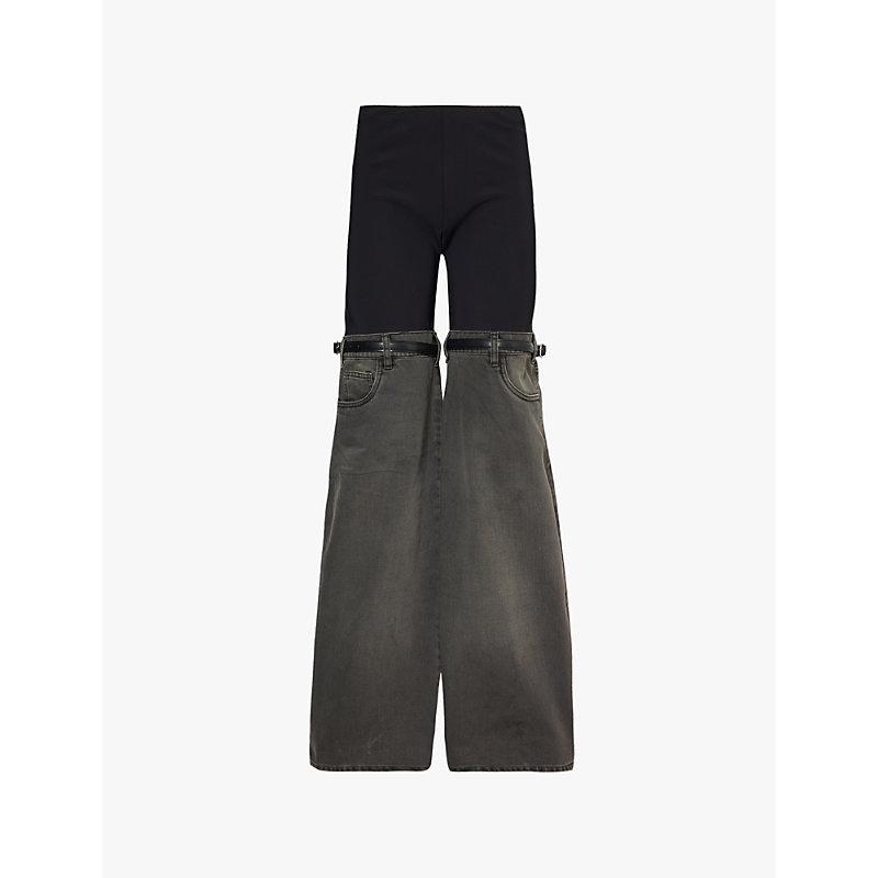 Hybrid contrast-texture wide-leg high-rise denim trousers