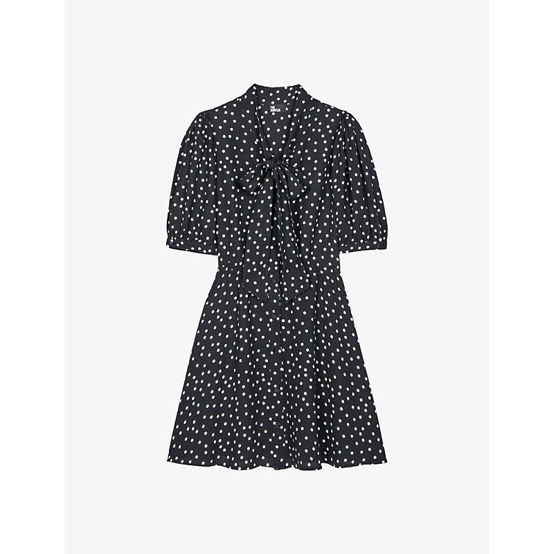 Polka-dot print neck-tie woven mini dress