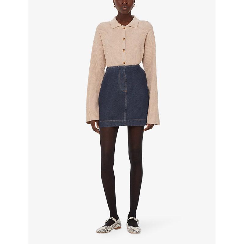 Contrast-stitch high-rise denim mini skirt