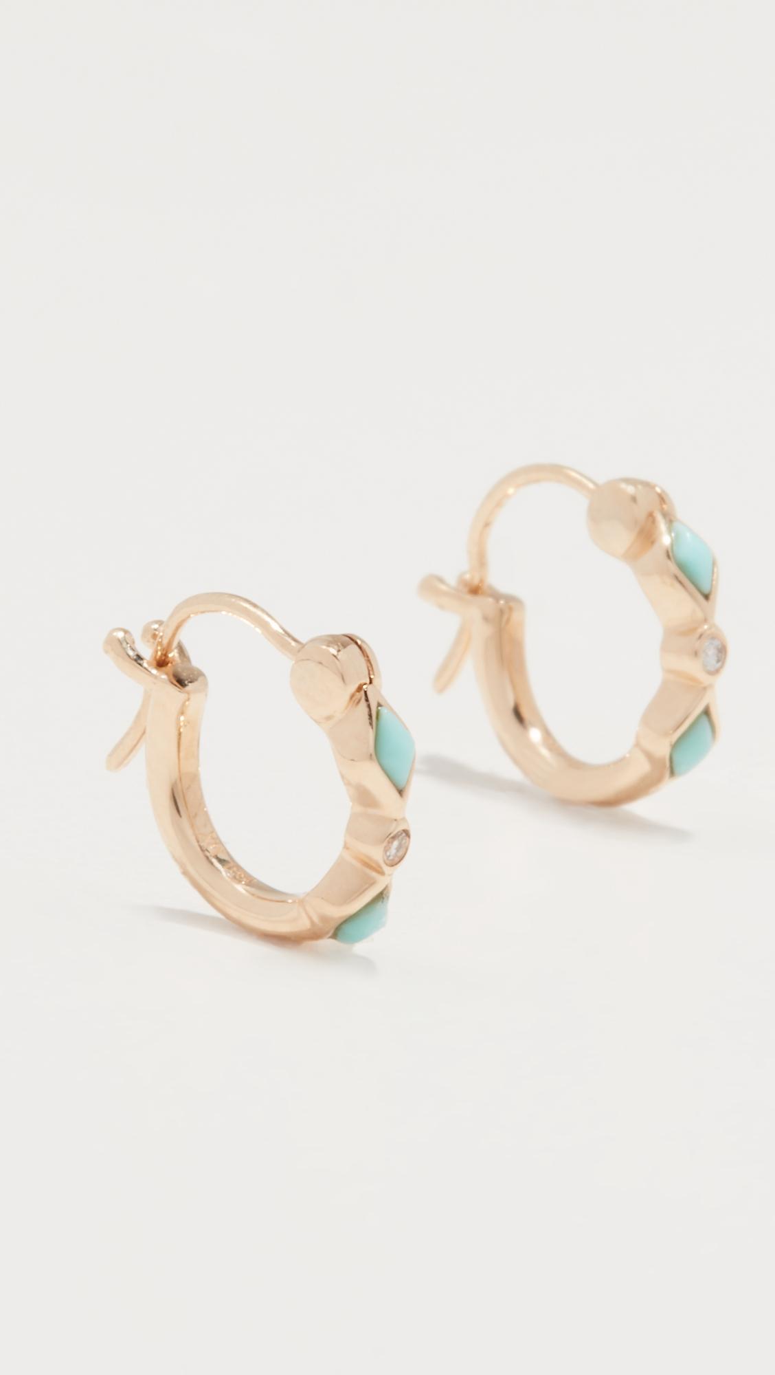 14k Turquoise Diamond Bezel Huggie Hoop Earrings