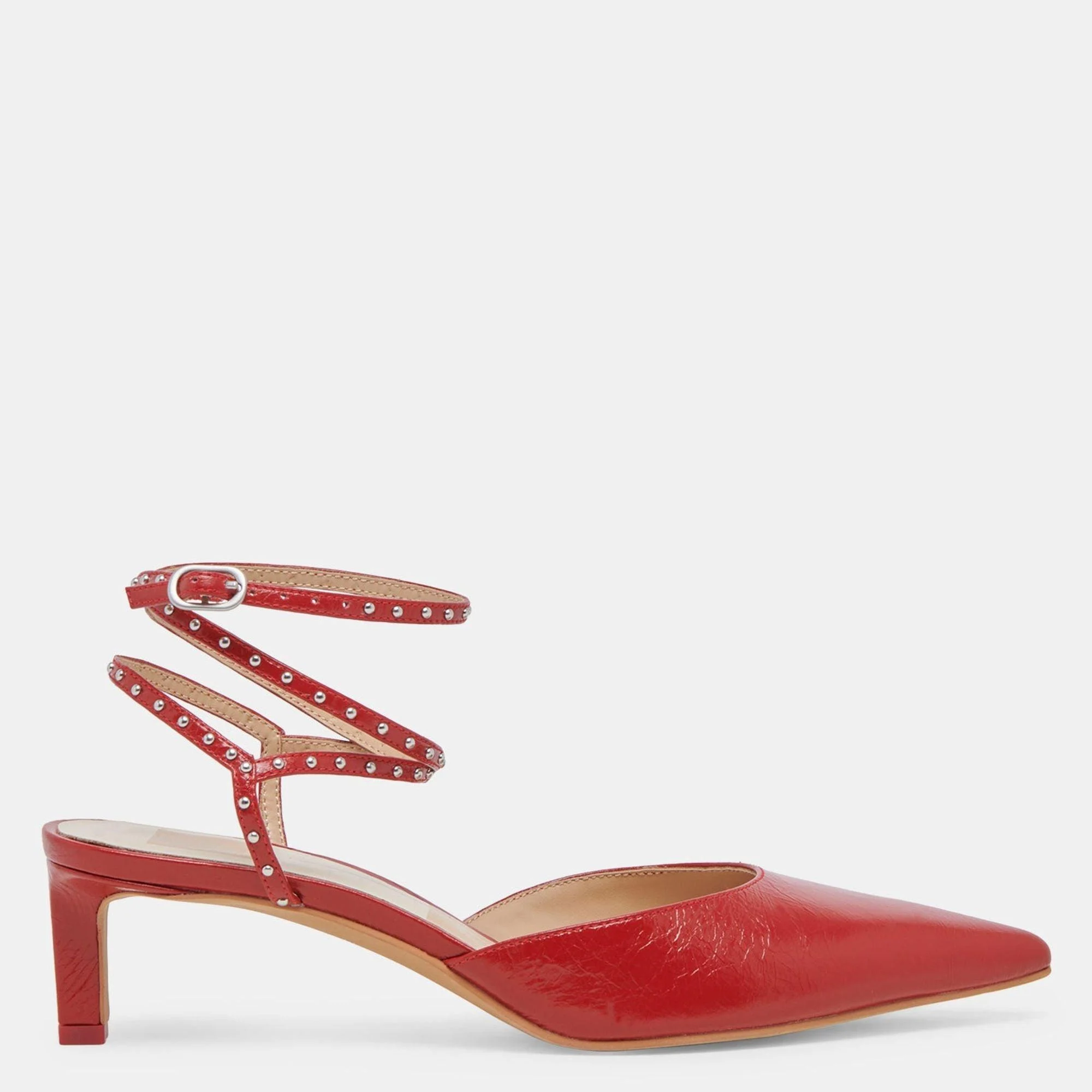 loklyn stud heels red crinkle patent