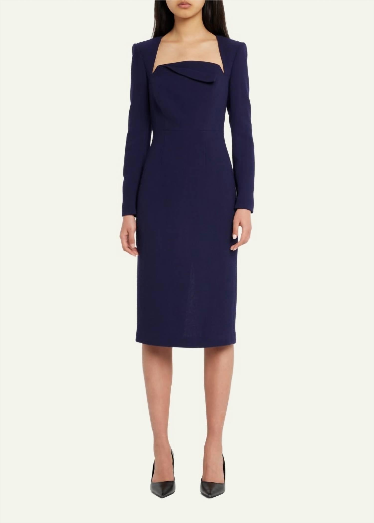 origami neck crepe midi dress in navy