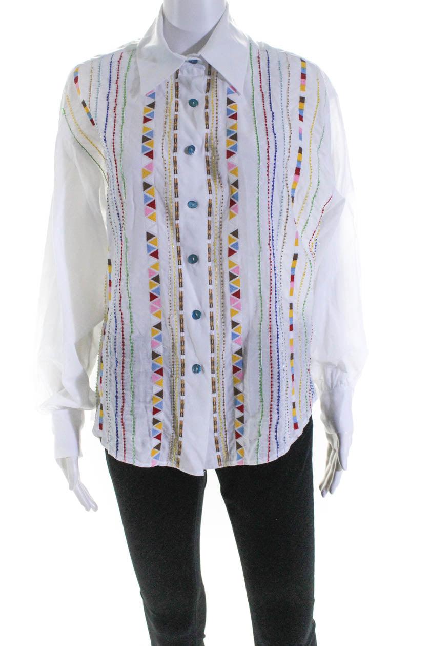 womens logo back embroidered beaded button up shirt white