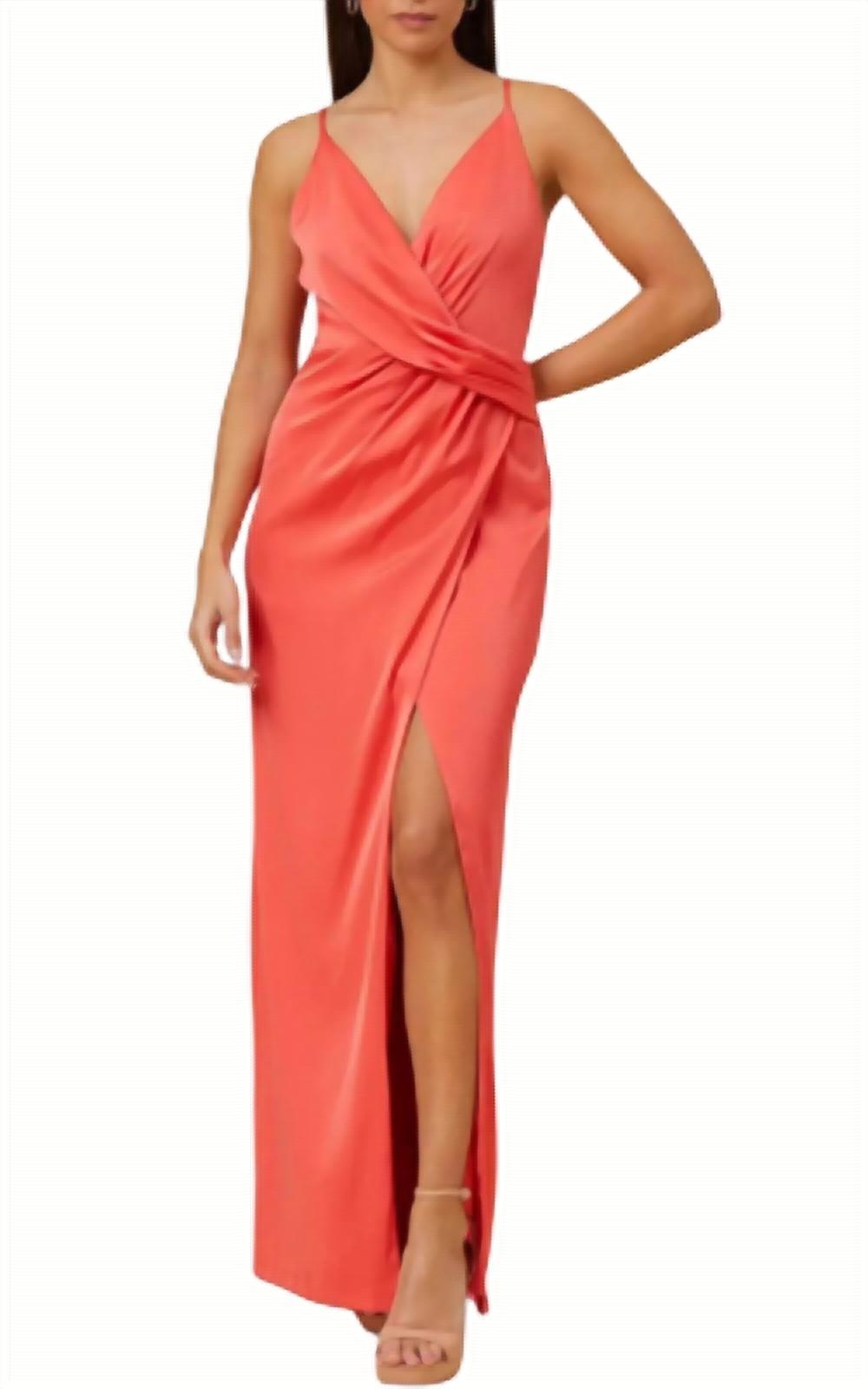 v-neck draped gown in sugar coral