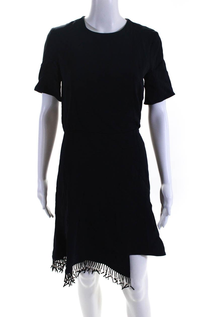 womens back zip short sleeve fringe shift dress navy blue