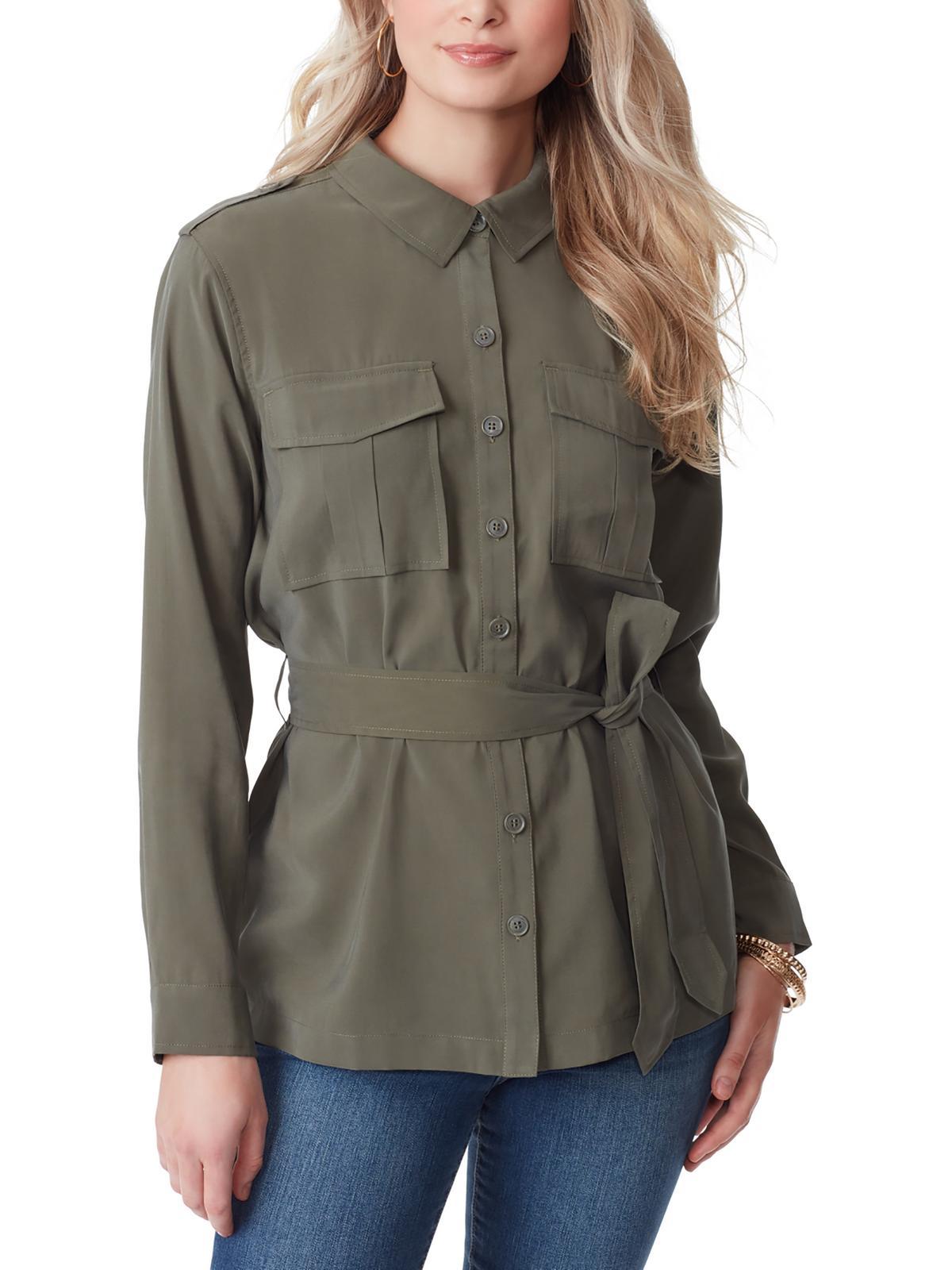 jessa womens belted collar button-down top