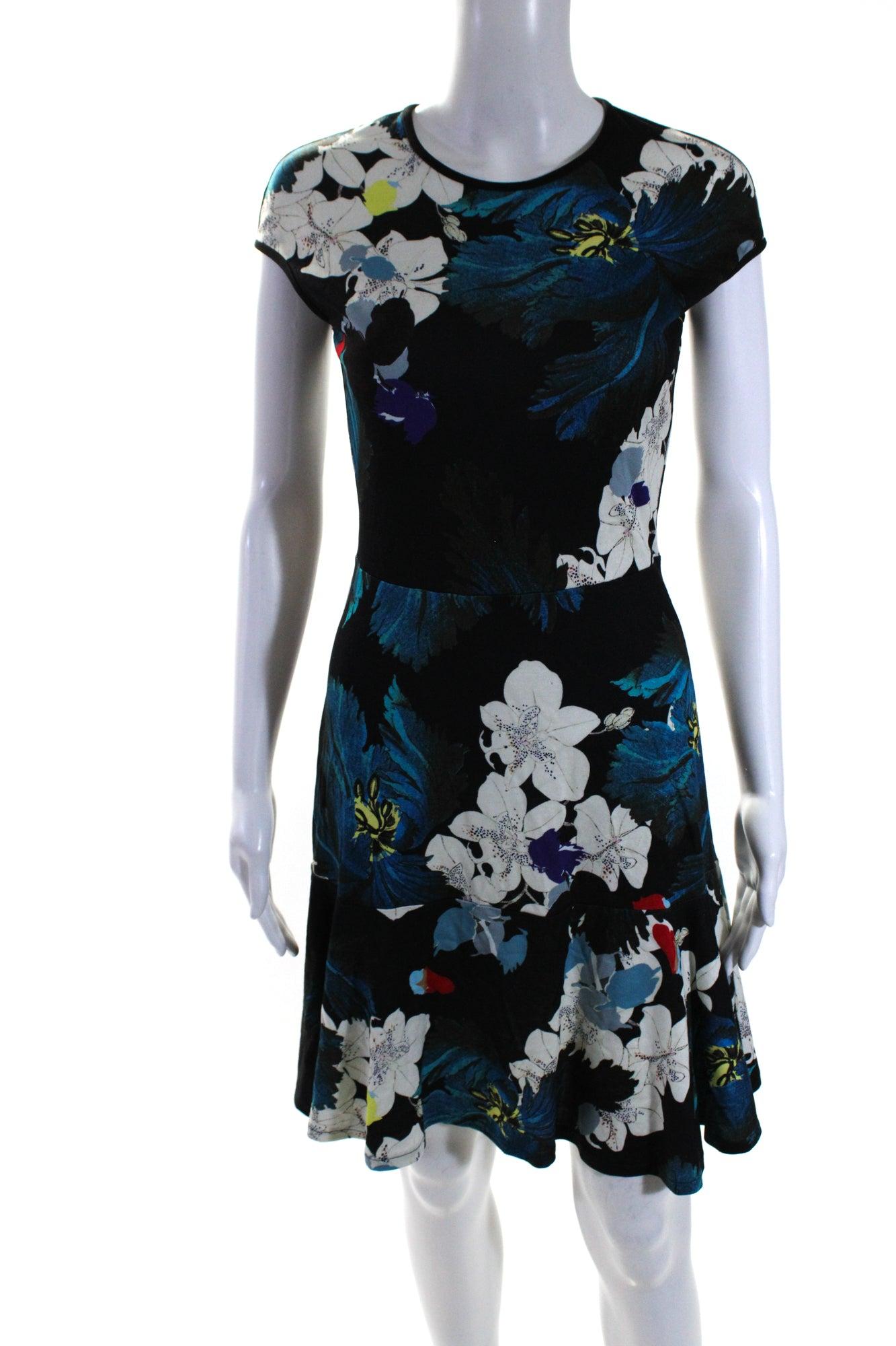 womens black floral crew neck zip back sleeveless shift dress