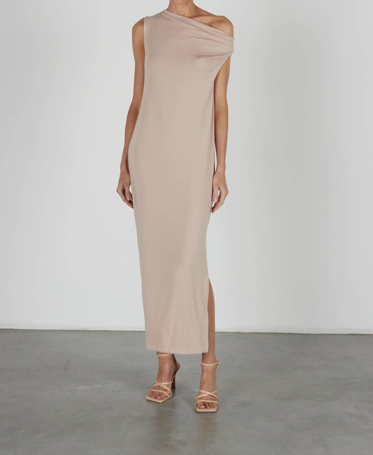 luxe knit exposed shoulder dress in dk nude