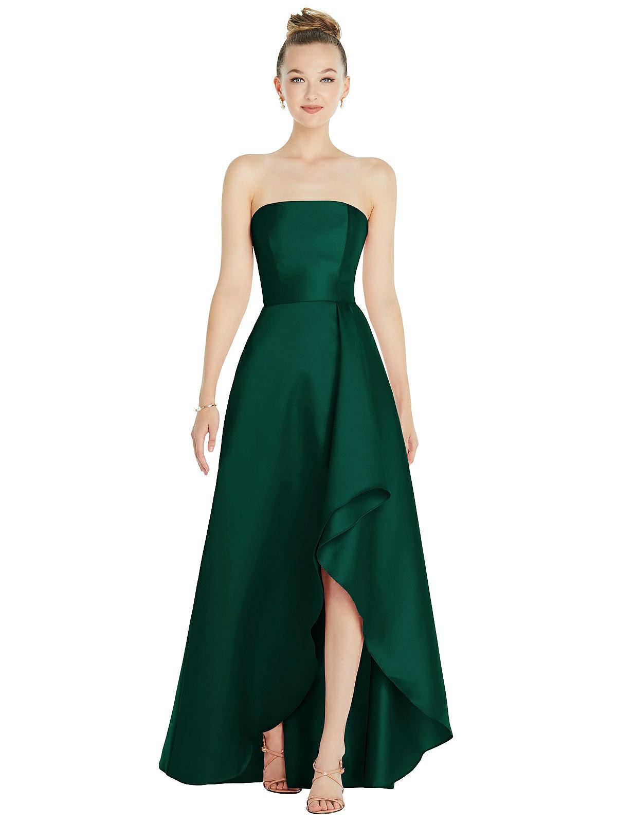 strapless satin gown with draped front slit and pockets