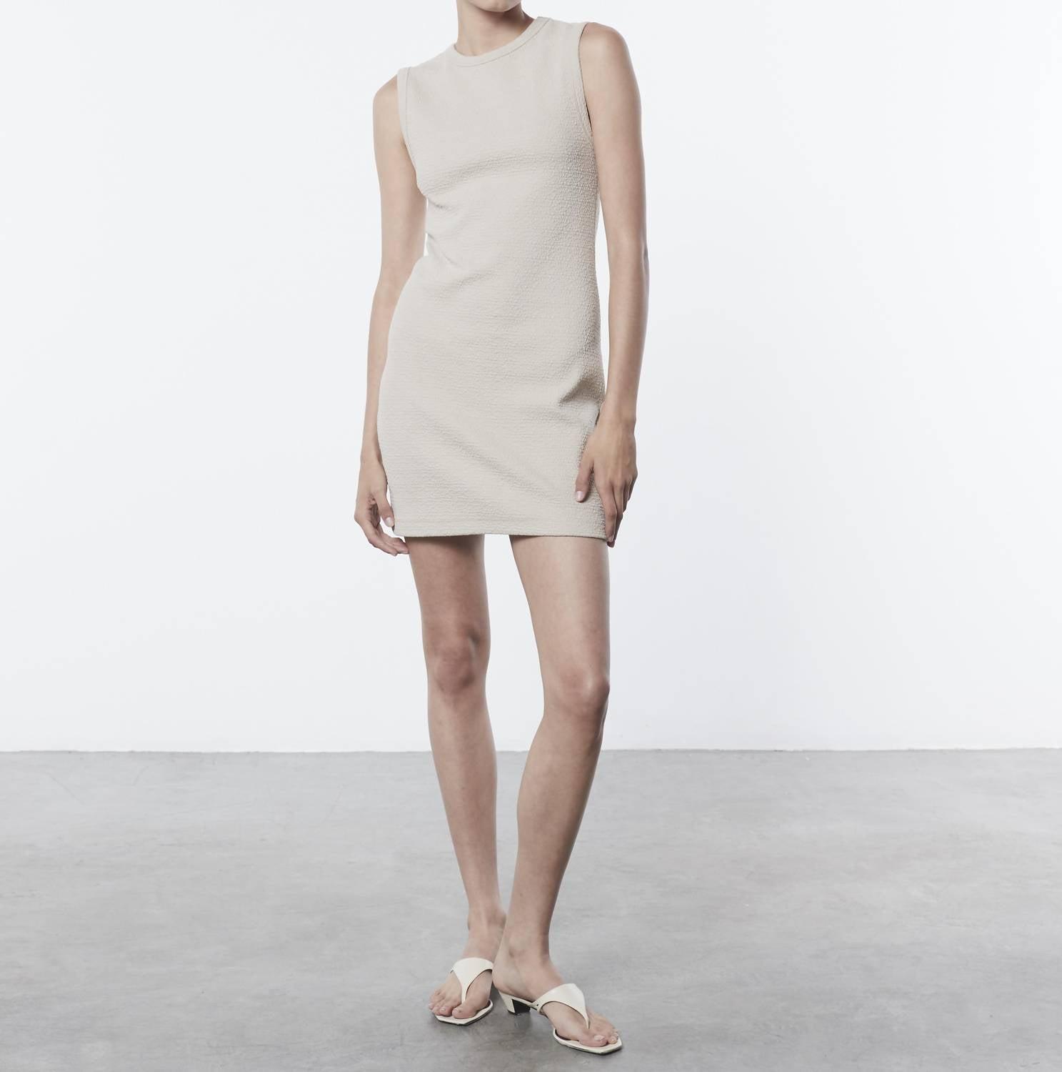 textured jacquard sleeveless dress in raffia