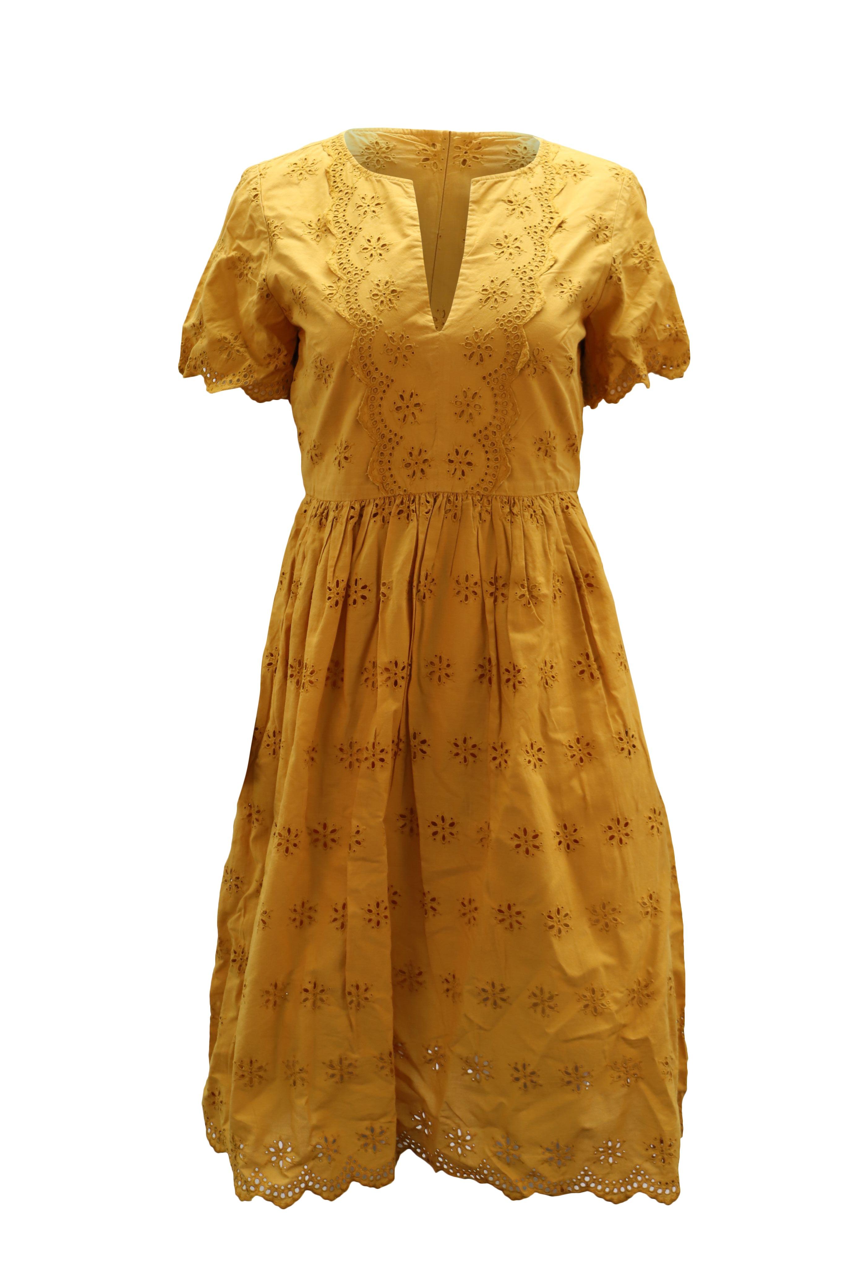 scalloped eyelet midi dress in yellow cotton