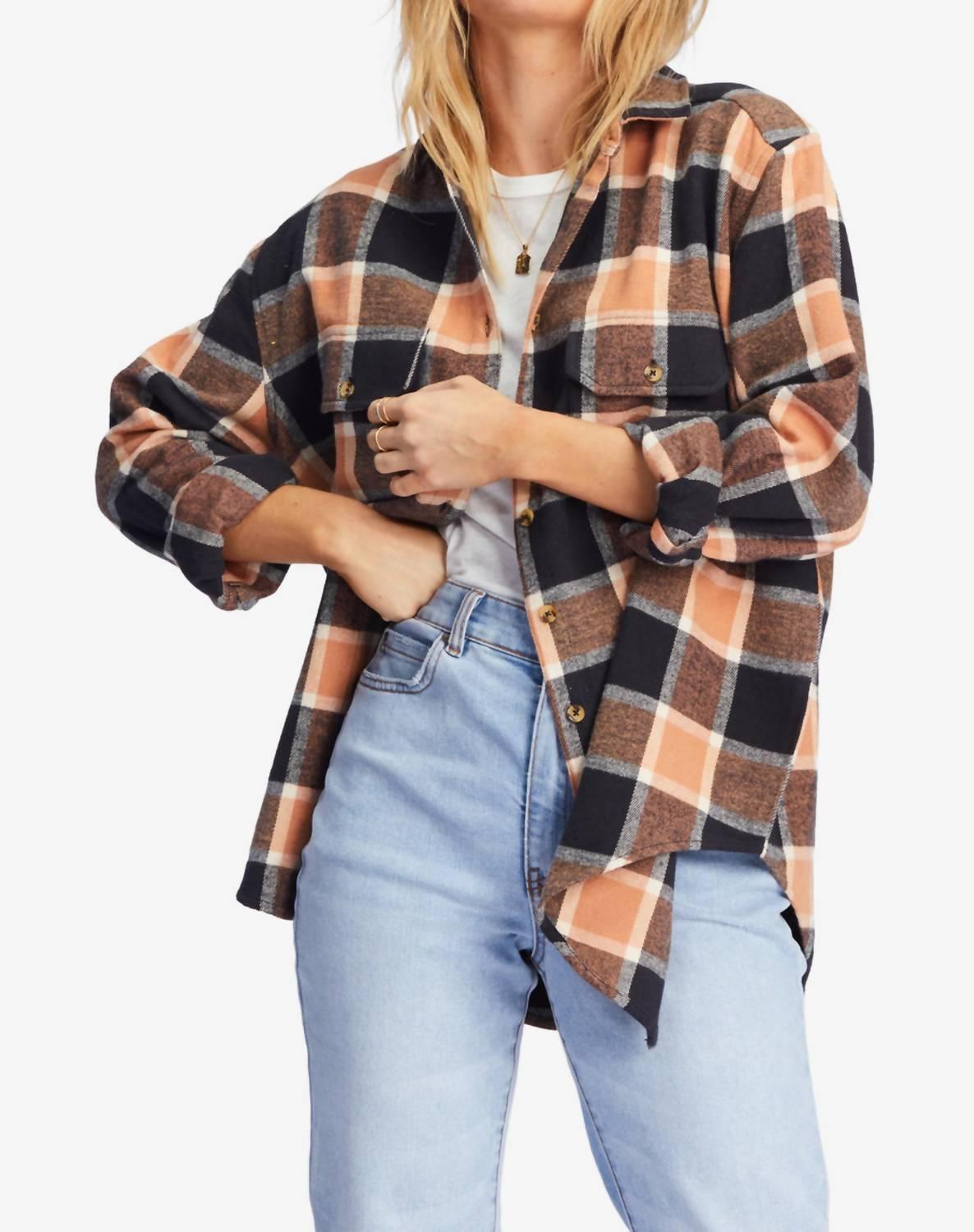 so stoked button-down flannel shirt in tan