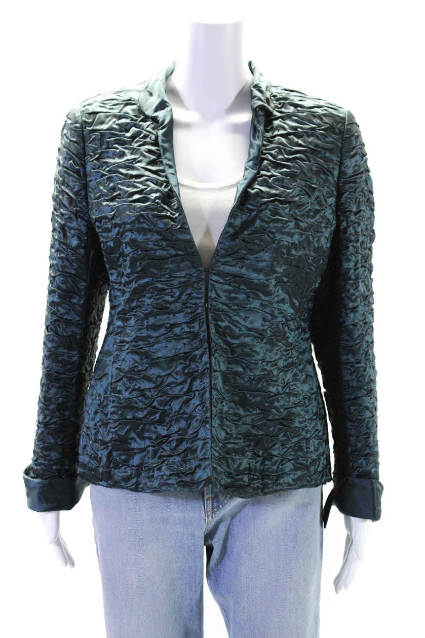 womens silk ruched hook & loop long sleeve darted jacket green