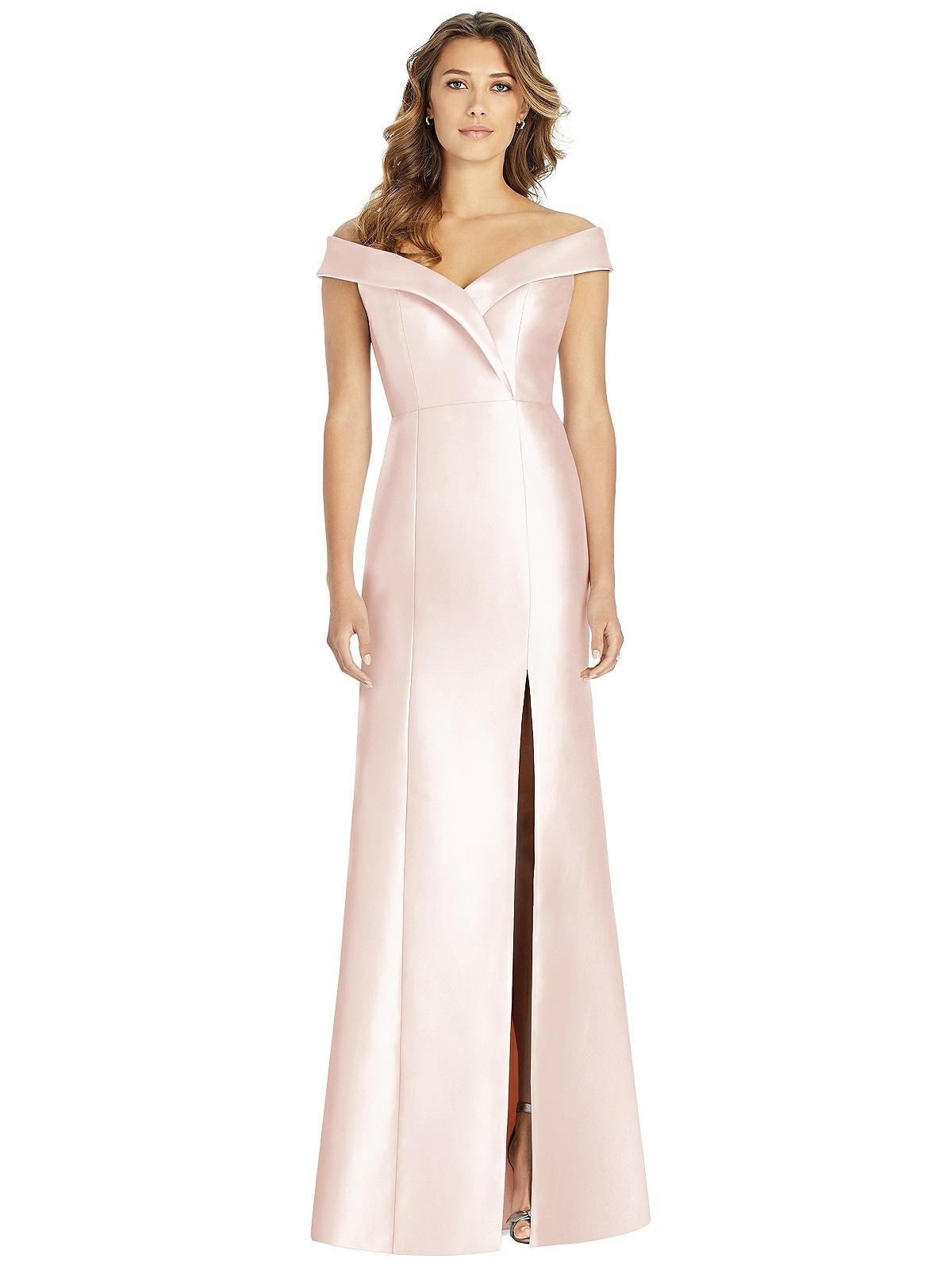 off-the-shoulder cuff trumpet gown with front slit