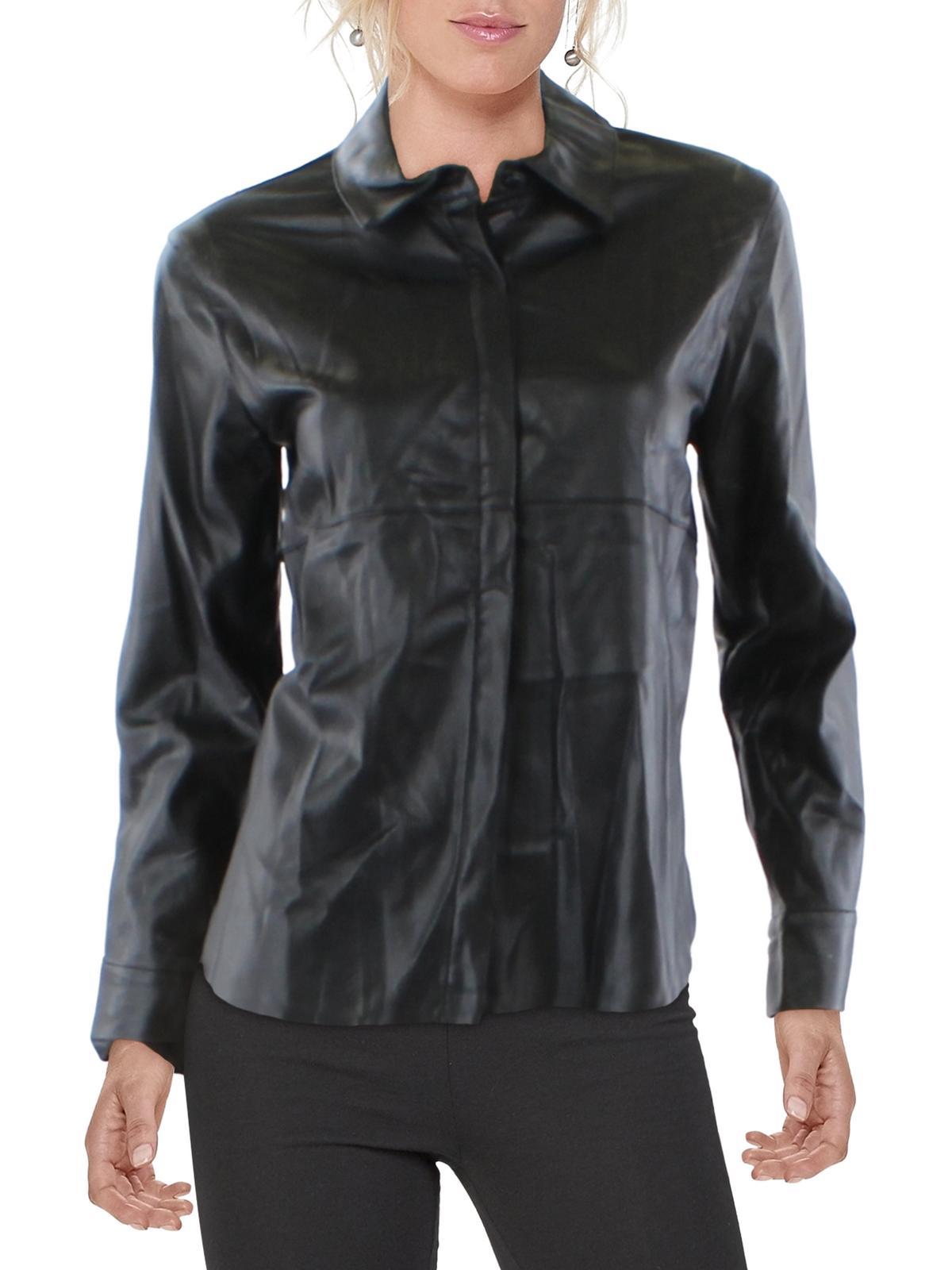 womens faux leather collar button-down top