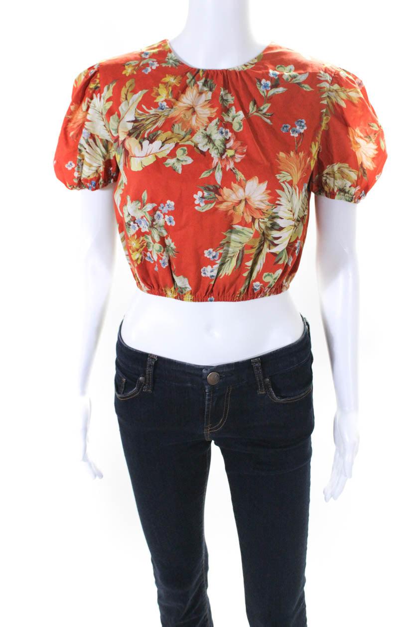 women's round neck short sleeves cotton floral cropped top blouse