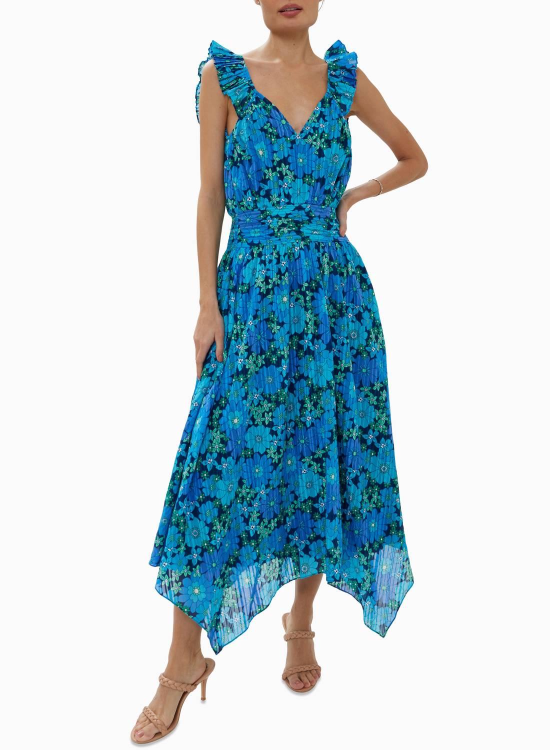 greta midi dress in tropical blue retro floral