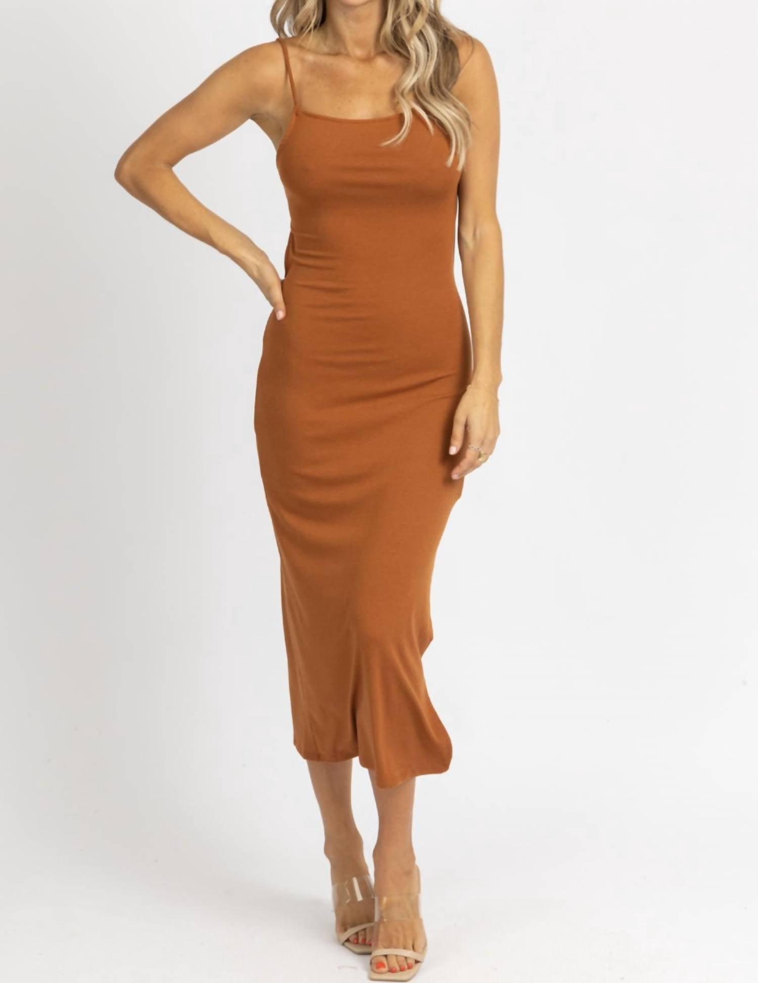 open tie-back midi dress in brown