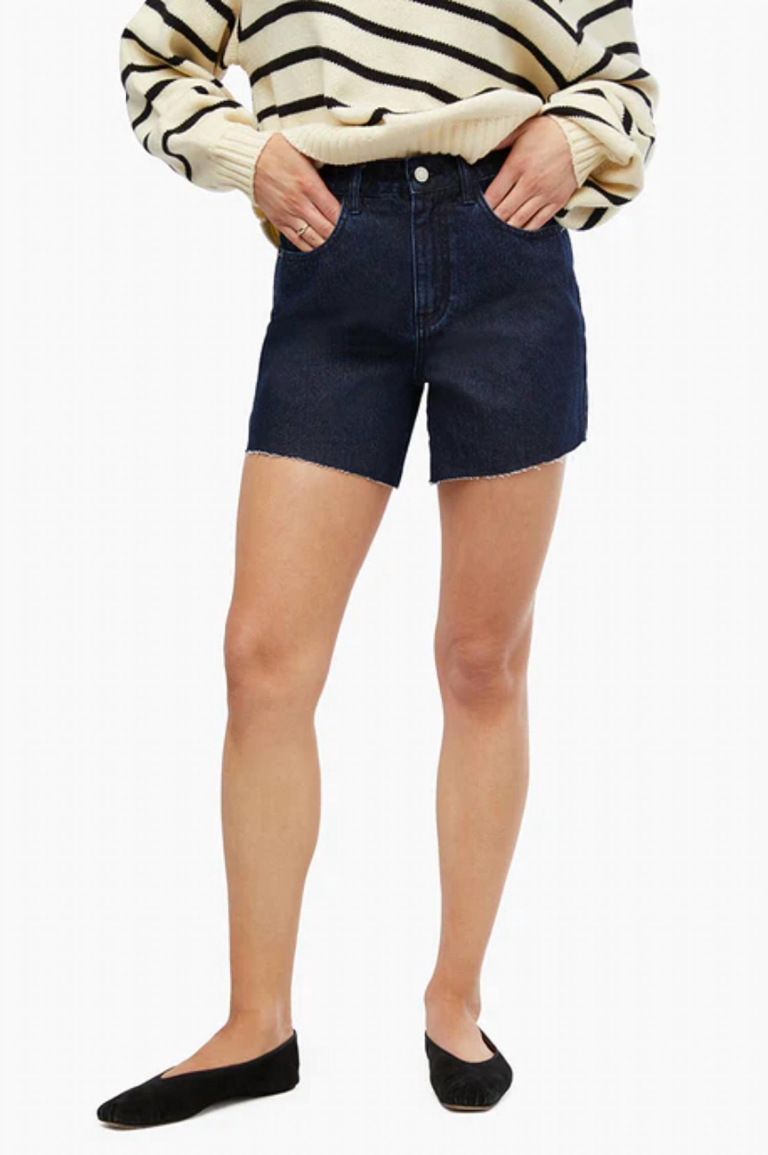 women's high rise flare short in raw wash