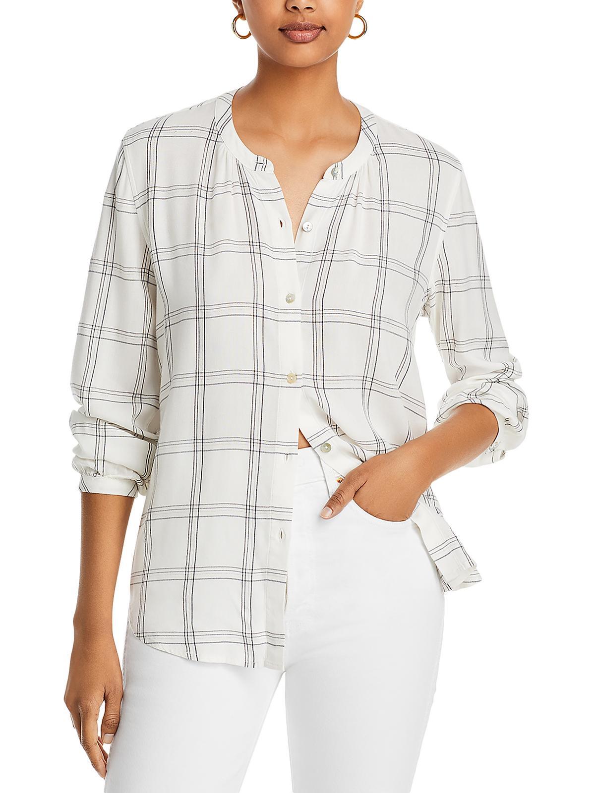 eloise womens collarless metallic button-down top