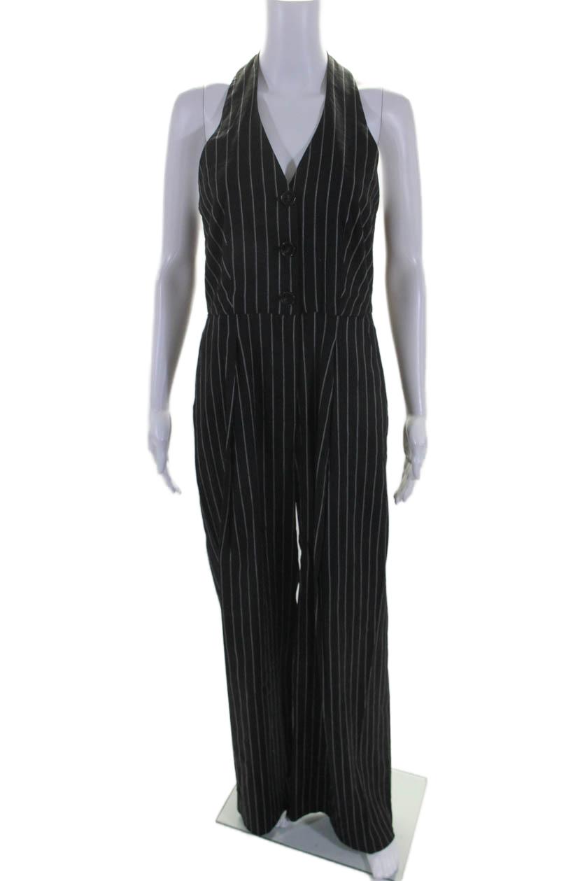 womens linen striped print halter buttoned slip-on jumpsuit black