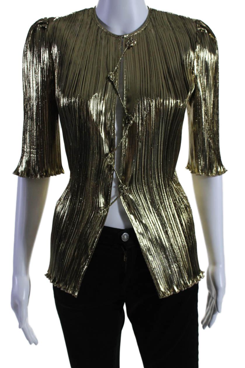 womens metallic snap button ribbed curled hem adoni blouse gold