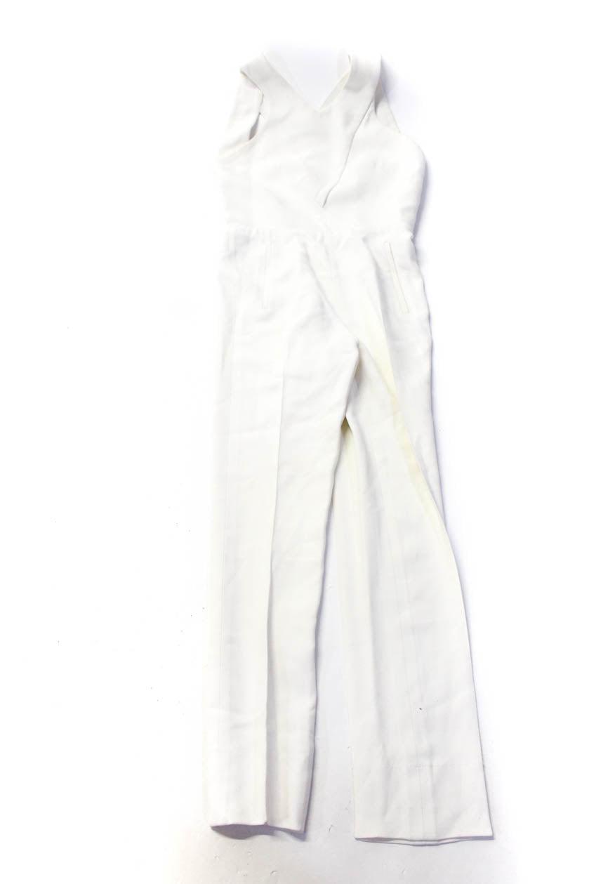 womens white v-neck pleated sleeveless straight leg jumpsuit