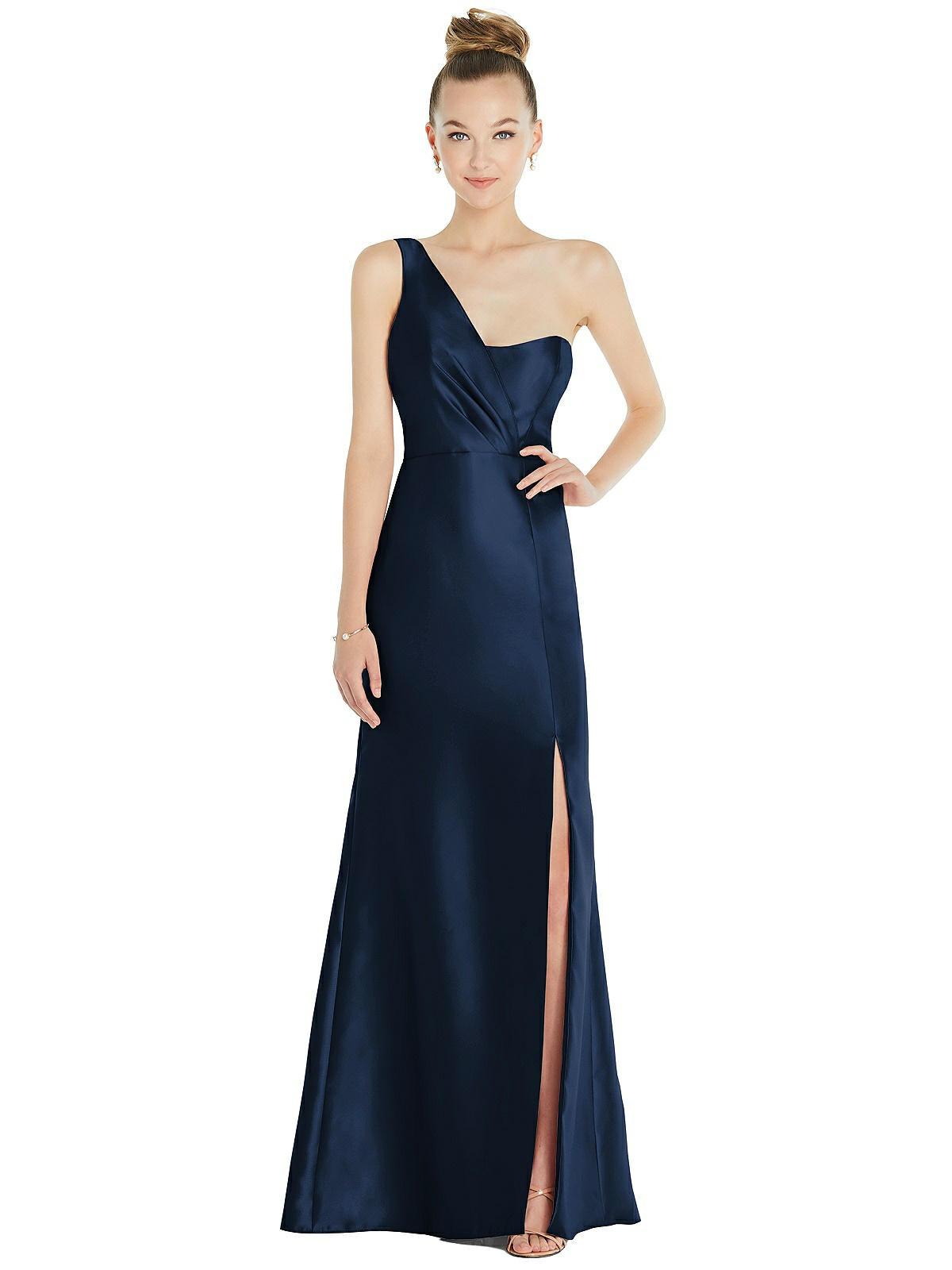 draped one-shoulder satin trumpet gown with front slit