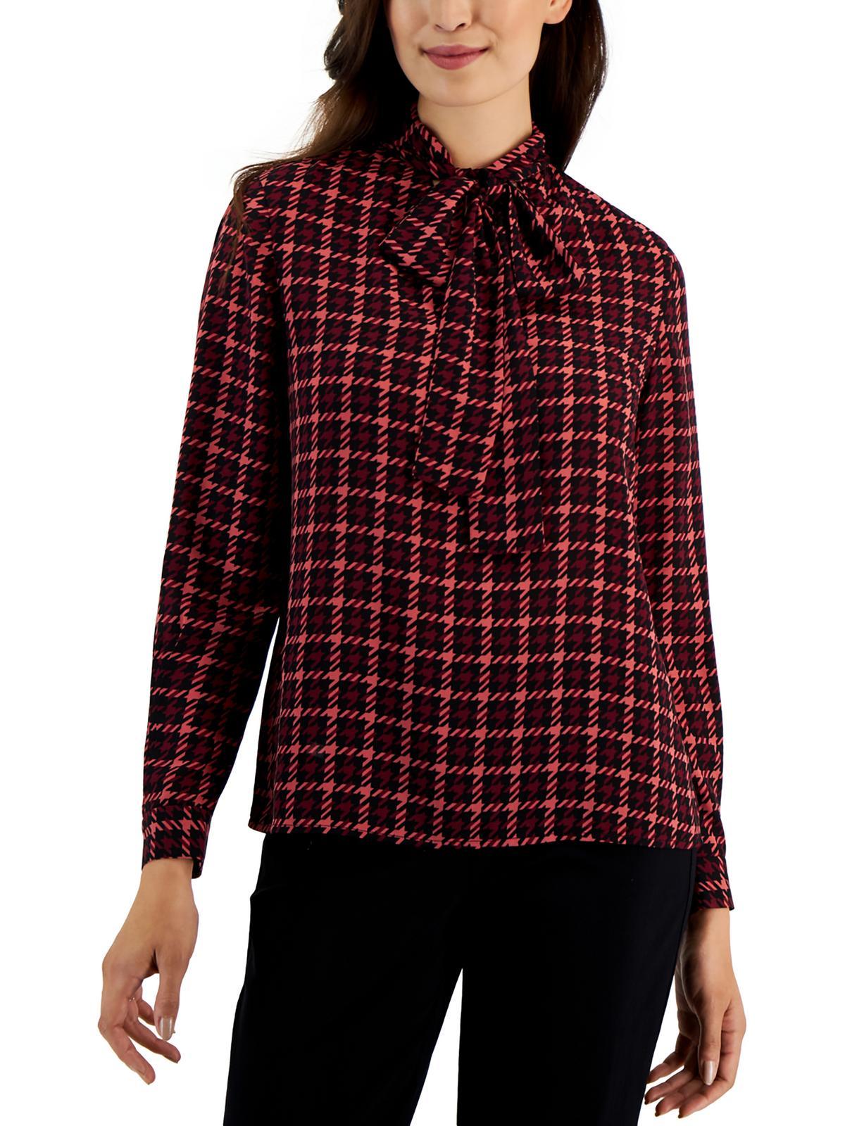 womens houndstooth tie neck blouse