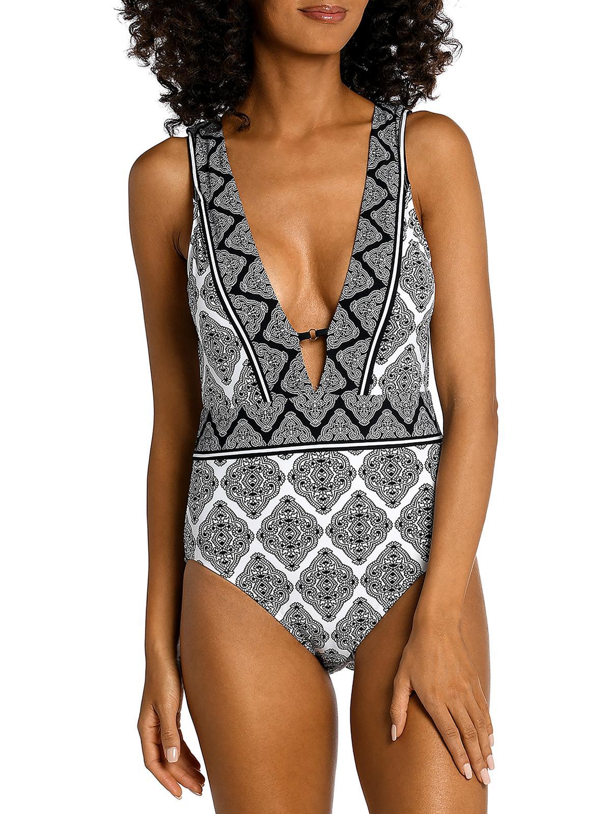 mio womens printed plunging one-piece swimsuit