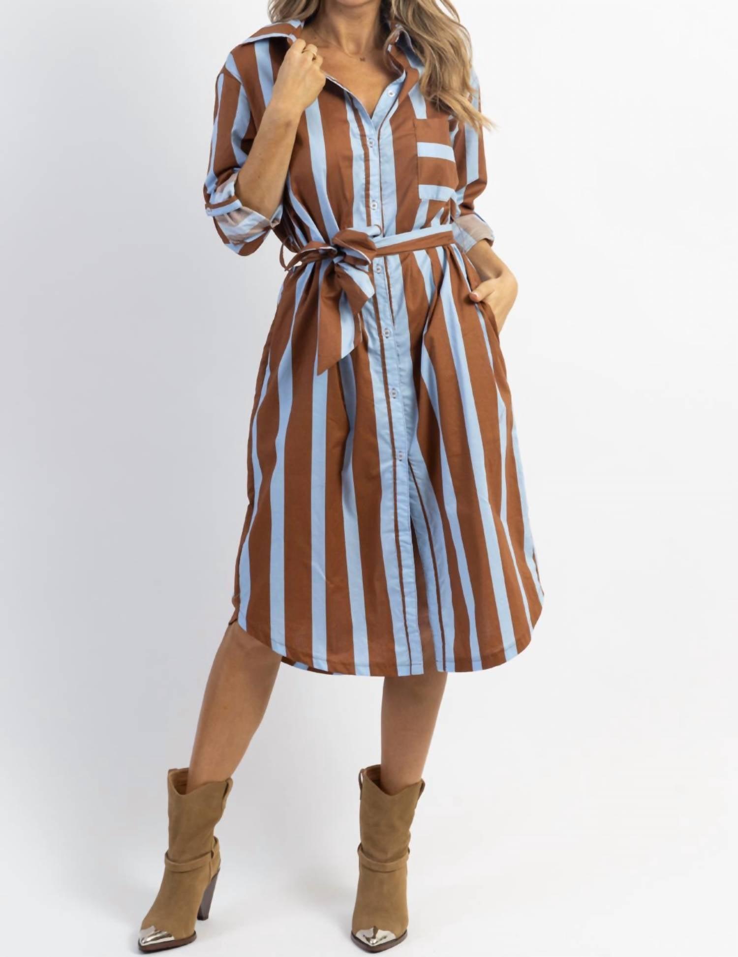 monica bold stripe midi dress in blue/brown