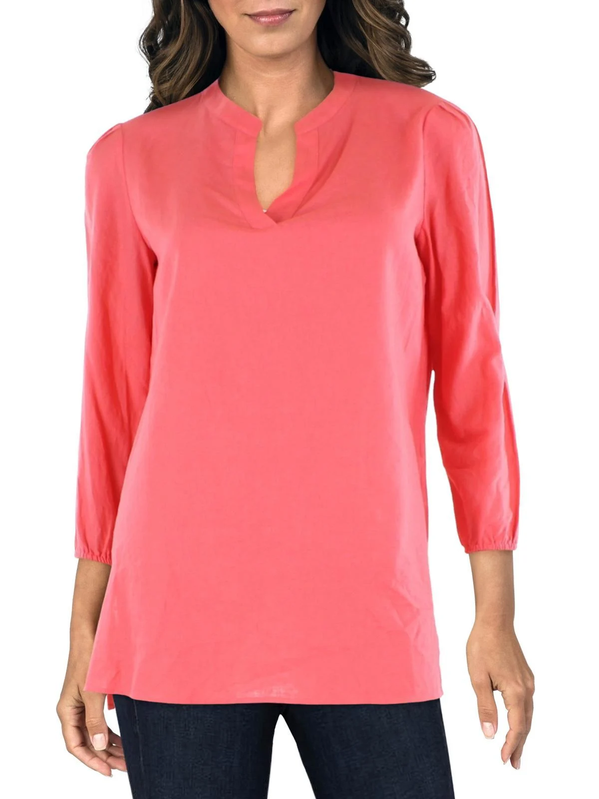 nehru womens linen blend split neck tunic top