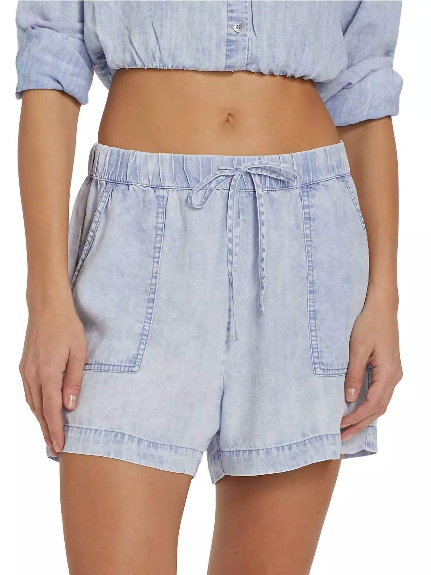 clara denim drawstring shorts in bleached indigo