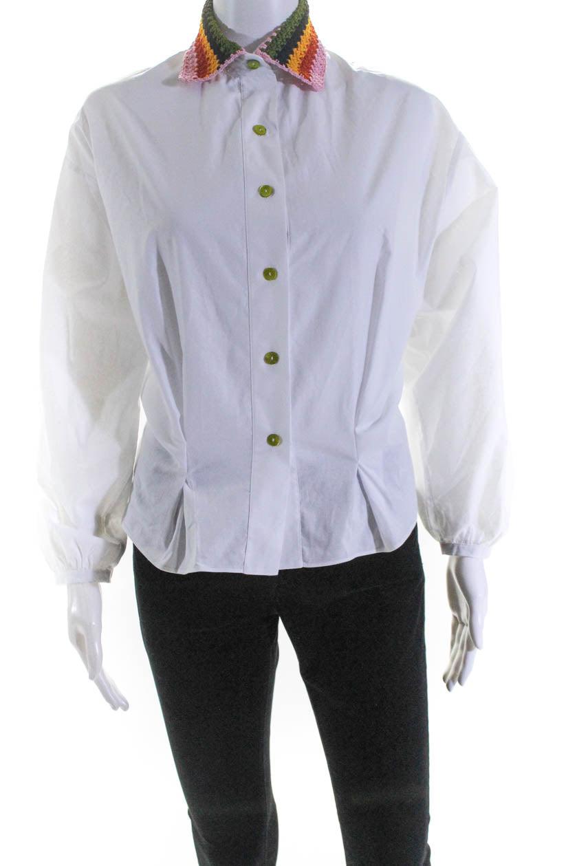 womens button down crochet knit collared shirt white cotton