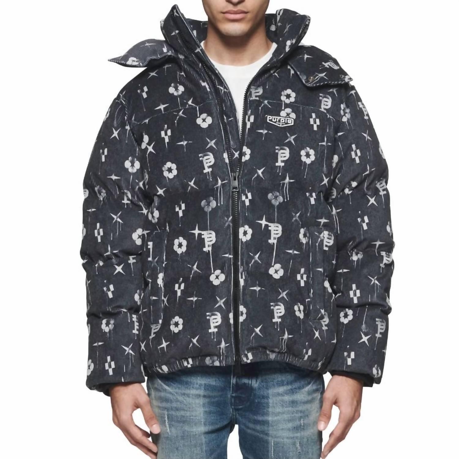 printed corduroy puffer jacket in black