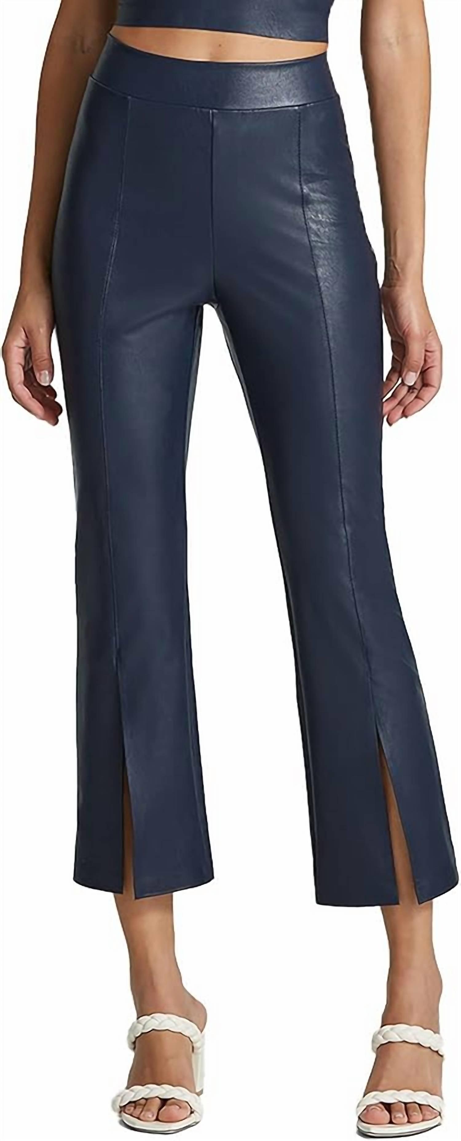 faux leather 7/8 split front pants in navy