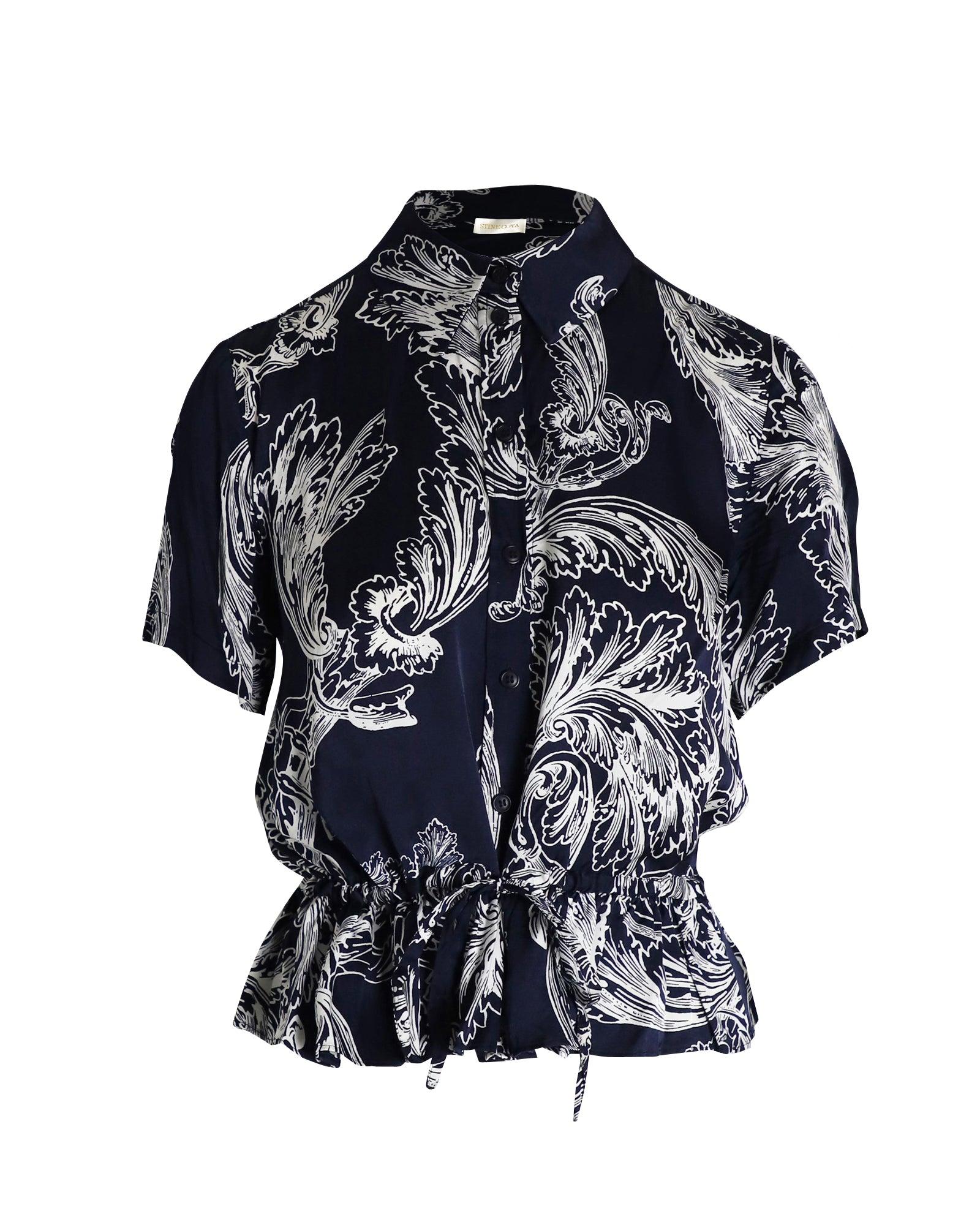 sine goya printed drawstring top in navy blue satin